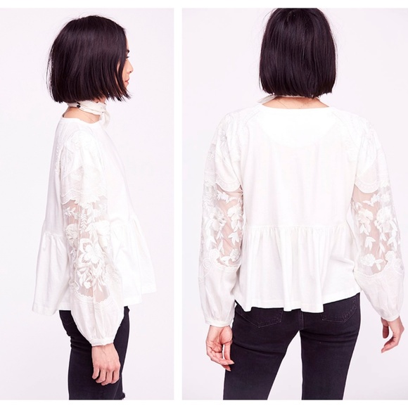 Free People Ivory Embroidered Penny Tee M - Picture 2 of 6